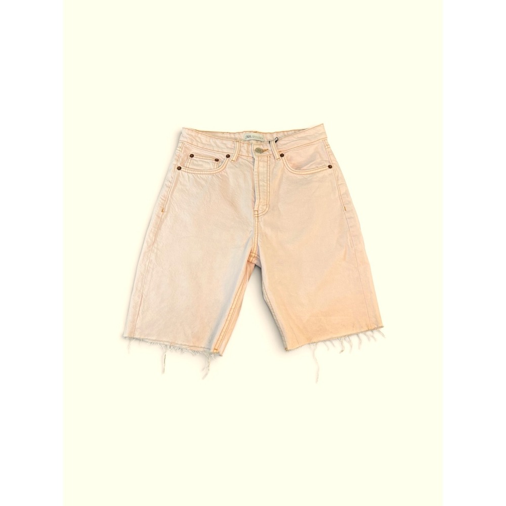 Zara Women's Light Pink High Waisted Raw Hem Bermuda Denim Shorts Size 4 NEW